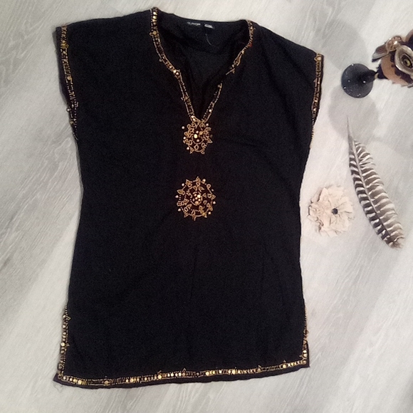 Black Bronze Beaded Raviya Short Sleeve Tunic - Picture 12 of 15